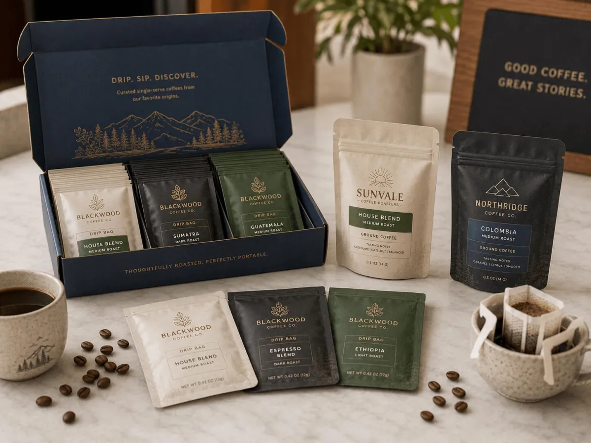 Drip coffee and sample bags in a gift box set