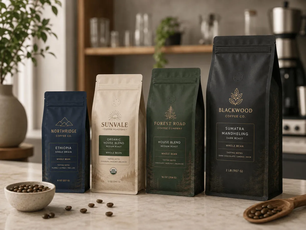 Custom printed flat bottom coffee pouches with valve and zipper